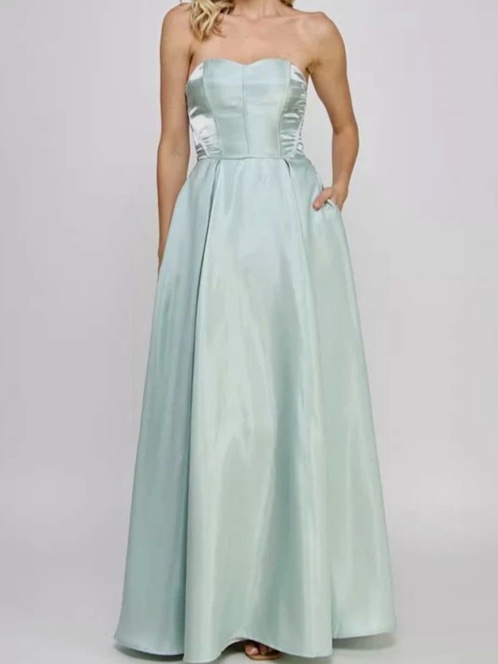 NWOT Anthropologie Strapless Satin Gown in Pale Mint Green
